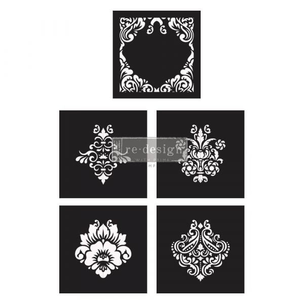 DECOR STENCILS® CECE – MIX & STYLE – DAMASK ELEMENTS – 5 PCS, 12″X12″ SHEET SIZE EACH – LASER CUT ON 16 MIL MYLAR