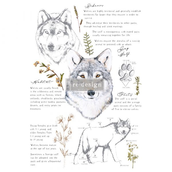 REDESIGN DECOR TRANSFERS® – GRAY WOLF – TOTAL SHEET SIZE 24″X35″, CUT INTO 3 SHEETS